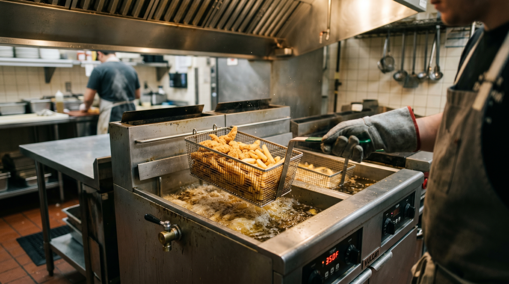 Commercial kitchen worker frying food in a deep fryer with a basket of cooked fries above hot cooking oil.
