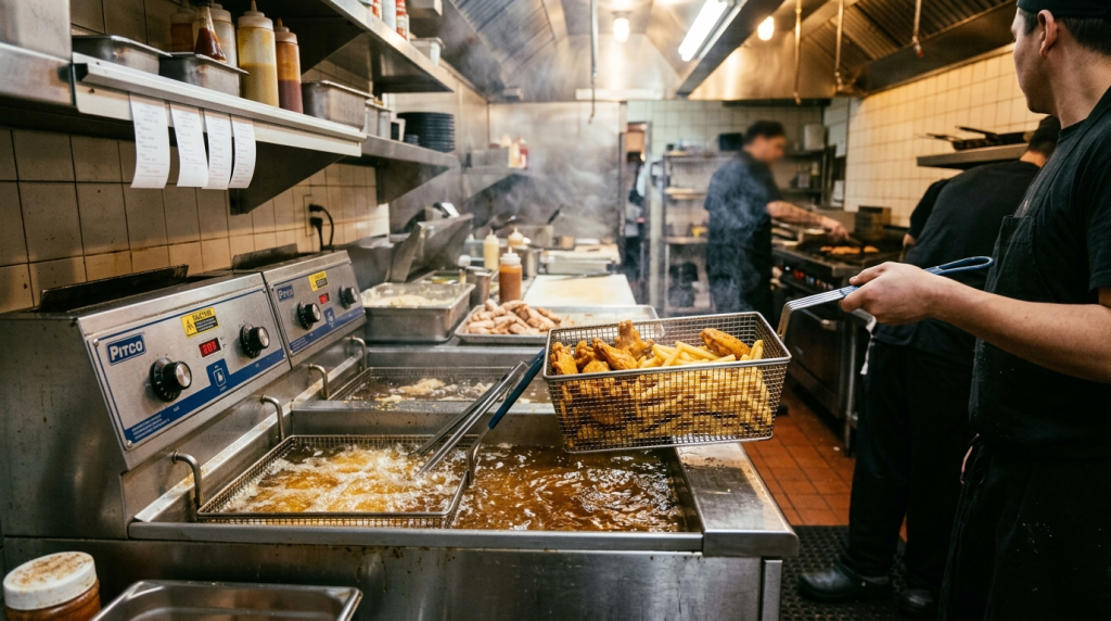 Commercial kitchen worker handling a basket of fried food beside large deep fryers filled with cooking oil.