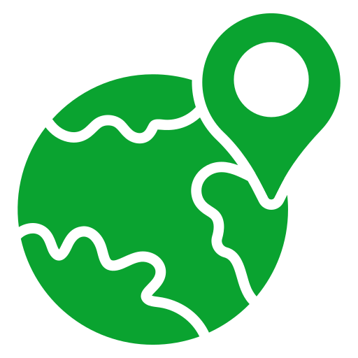 Green globe and location pin icon representing service areas and locations.